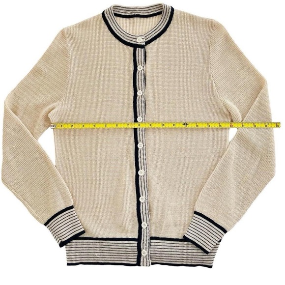 Vintage Retro Cream Ivory Tone Button Down Cardigan w/ Navy Blue Striped Accents - Picture 4 of 5